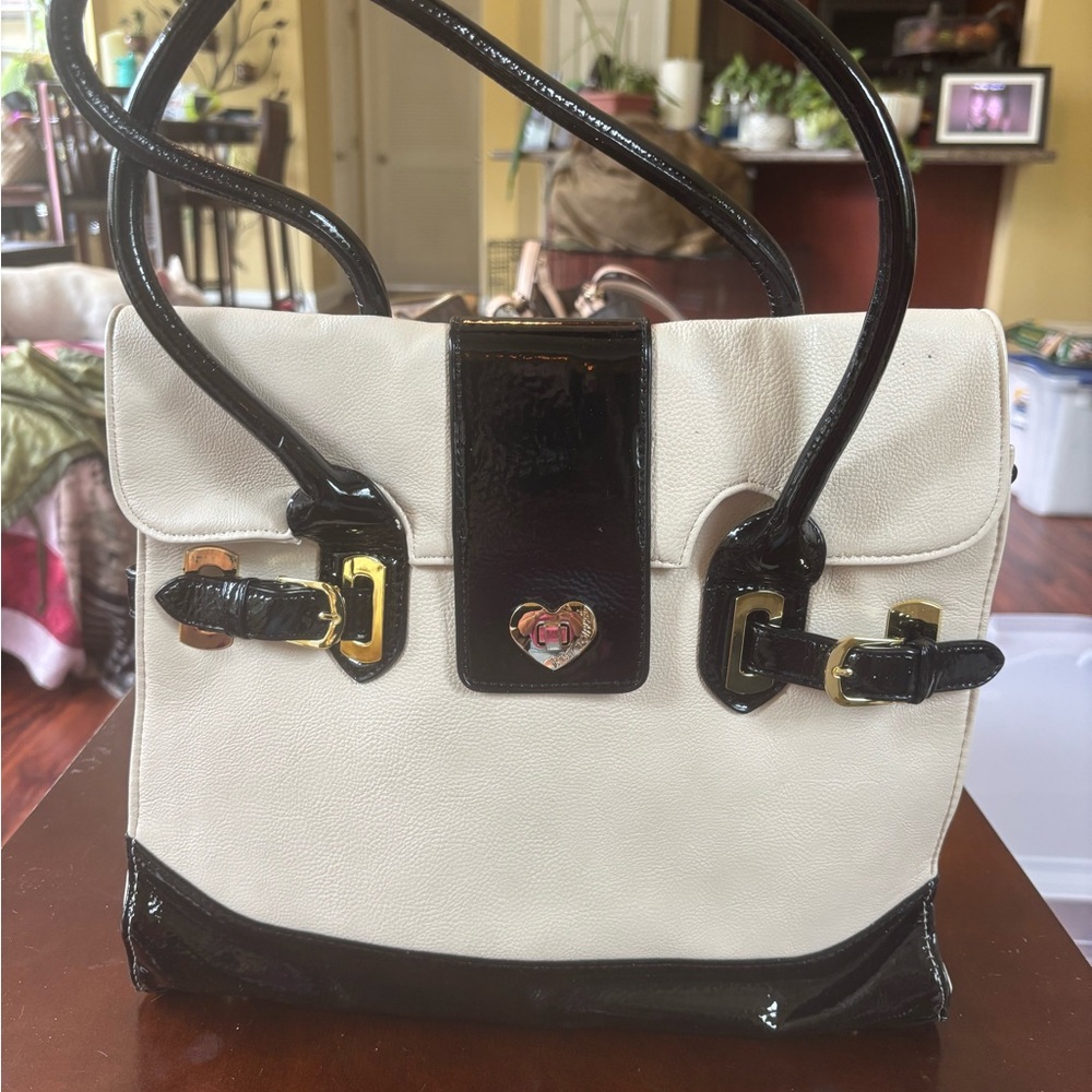 Betsey Johnson Black and Cream Satchel with Gold Accents